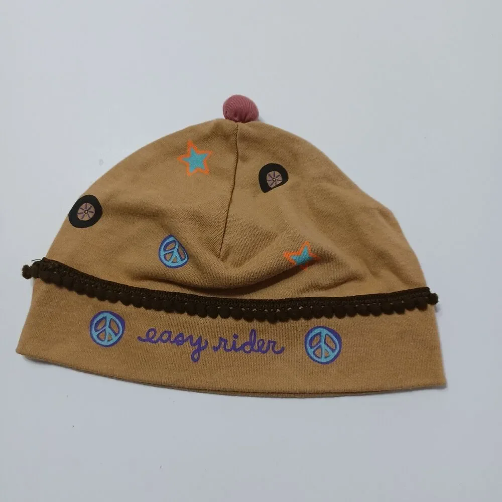 Natural Life Easy Rider Baby Girls Peace Star‎ 100% Cotton Brown Pink Beanie Hat